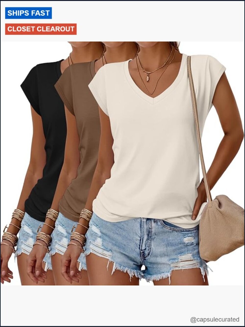 3 Pack Women's V Neck Cap Sleeve T Shirts Loose Fit Summer Tees